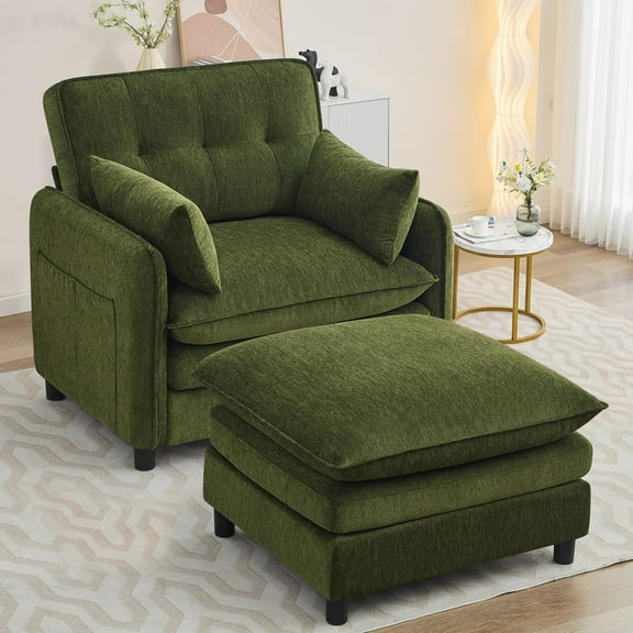 Aemeios Upholstered Chenille Oversized Accent Armchairs with Ottoman and Side Pocket, Green