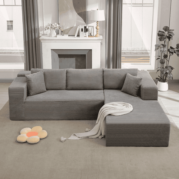 Aemeios Upholstery Corduroy Sofa Cloud Sectional Couch with L-Shape Chaise Modular Sofa No Assembly Required, Cream