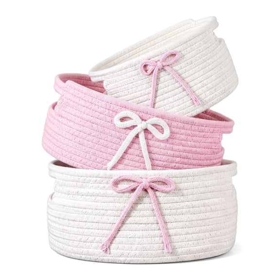 Aemutady 3 Pcs Pink Bow Basket Set, Decorative Non-Woven Fabric Storage Baskets, Stackable Nest Laundry Hamper, Pink White Organizer for Bedroom Living Room