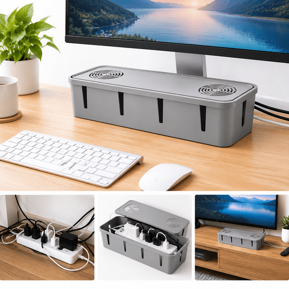 Cable Management Box Cord Organizer, Desk Power Strip Surge Protector Charger Hider for Home Office TV Computer Entertainment Center Gray