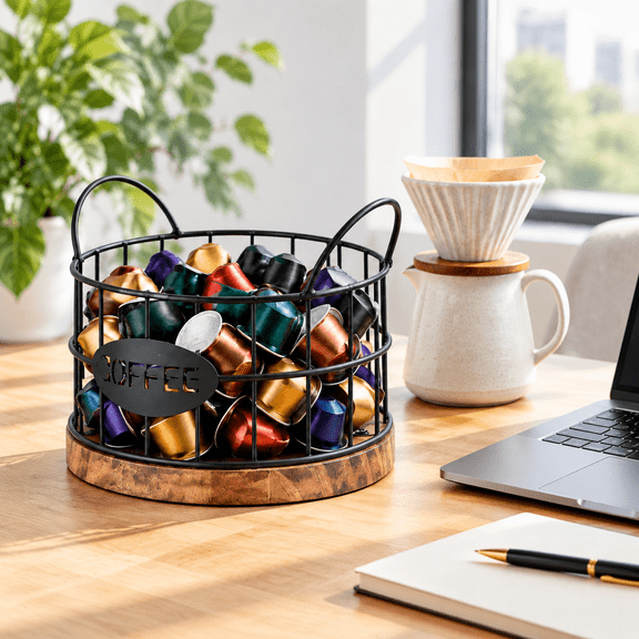 Coffee Pod Holder, K Cup Holder Organizer, K Cup Storage Basket with Wooden Base for Kitchen Counter and Desktop Black
