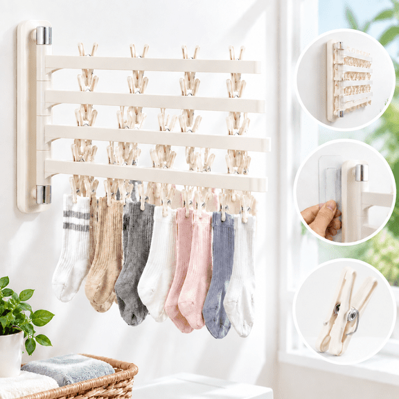 Foldable Wall Mounted Clothes Drying Rack, 4-Tier Space-Saving Laundry Organizer with 12 Windproof Clips, 180 Rotating Sock Hanger for Underwear & Small Garments, No-Drill, White