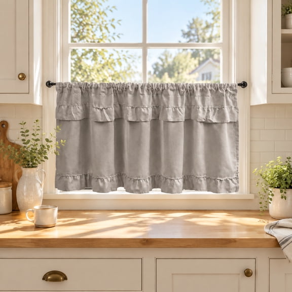 Aemutady Ruffle Cafe Curtain 18x40 Inch with Clip Rings, Half Window Curtain for Kitchen Bathroom, Washable Polyester