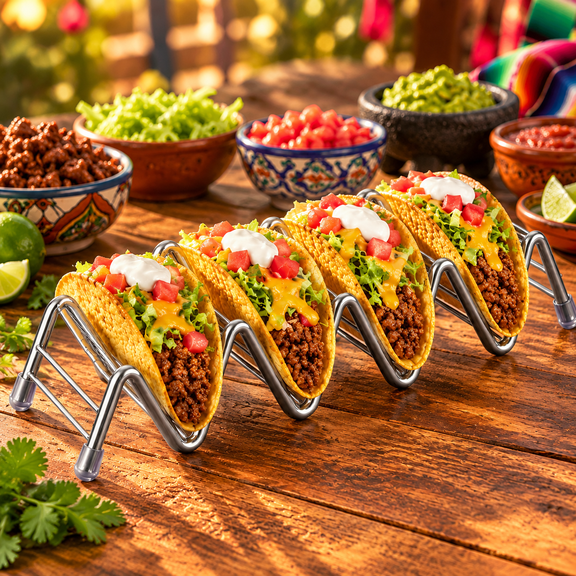 Aemutady Stainless Steel Taco Holder Stand - Taco Tray Plates for Taco Bar, Holds 4 Tacos Each, Oven, Dishwasher and Grill Safe for Baking, 1 Pack