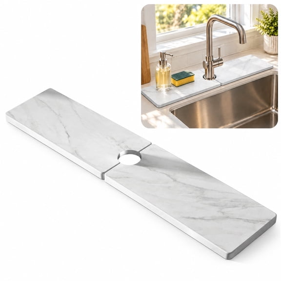 Aemutady Diatomite Faucet Mat, 23.6" Water Absorbing Sink Tray, Quick Dry Splash Guard, Marble Pattern