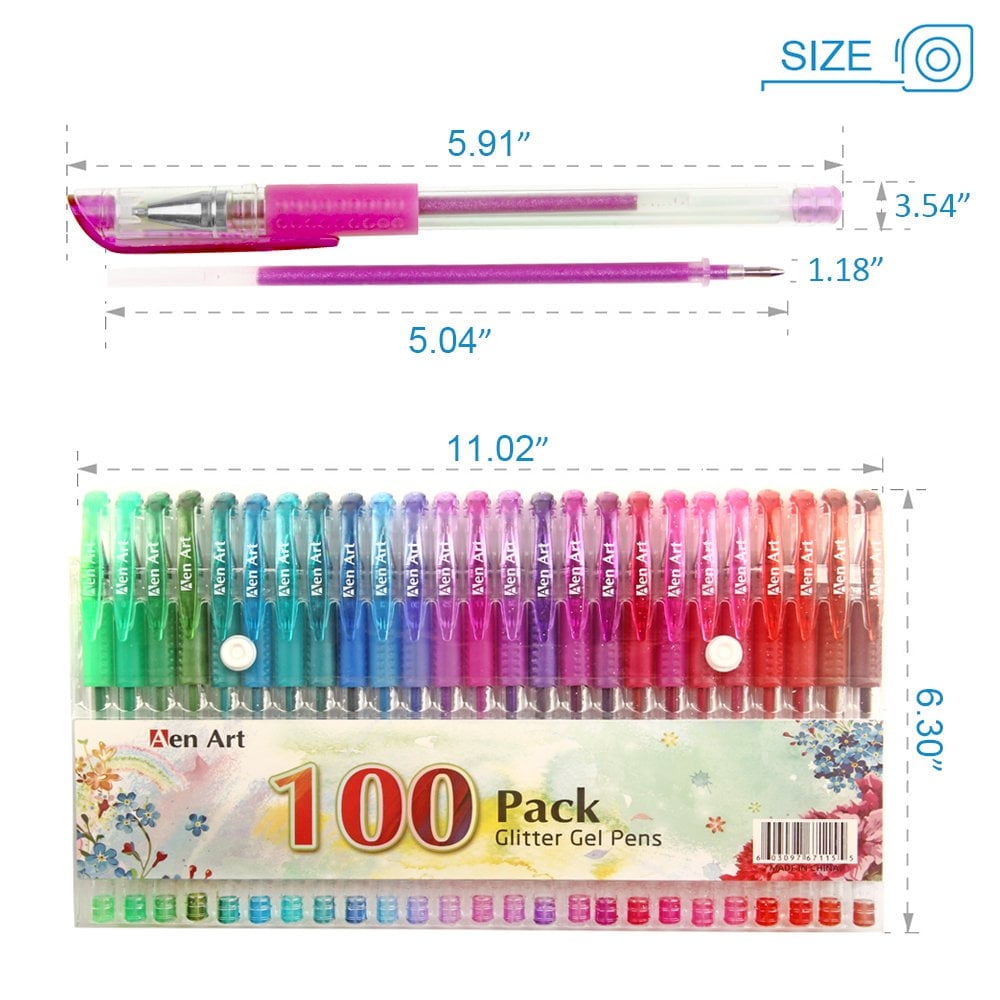 Aen Art Glitter Gel Pens Set with Comfort Grip, Fine, 1.0 mm, Assorted Ink Color, 100 Pack