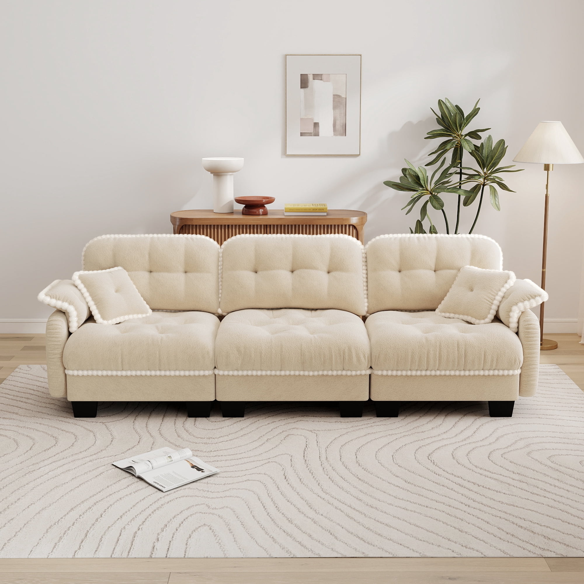 Aenkyo 100.7" Chenille Modular Sectional Sofa, 3-Seater with 23.8" Deep Seats, Beige