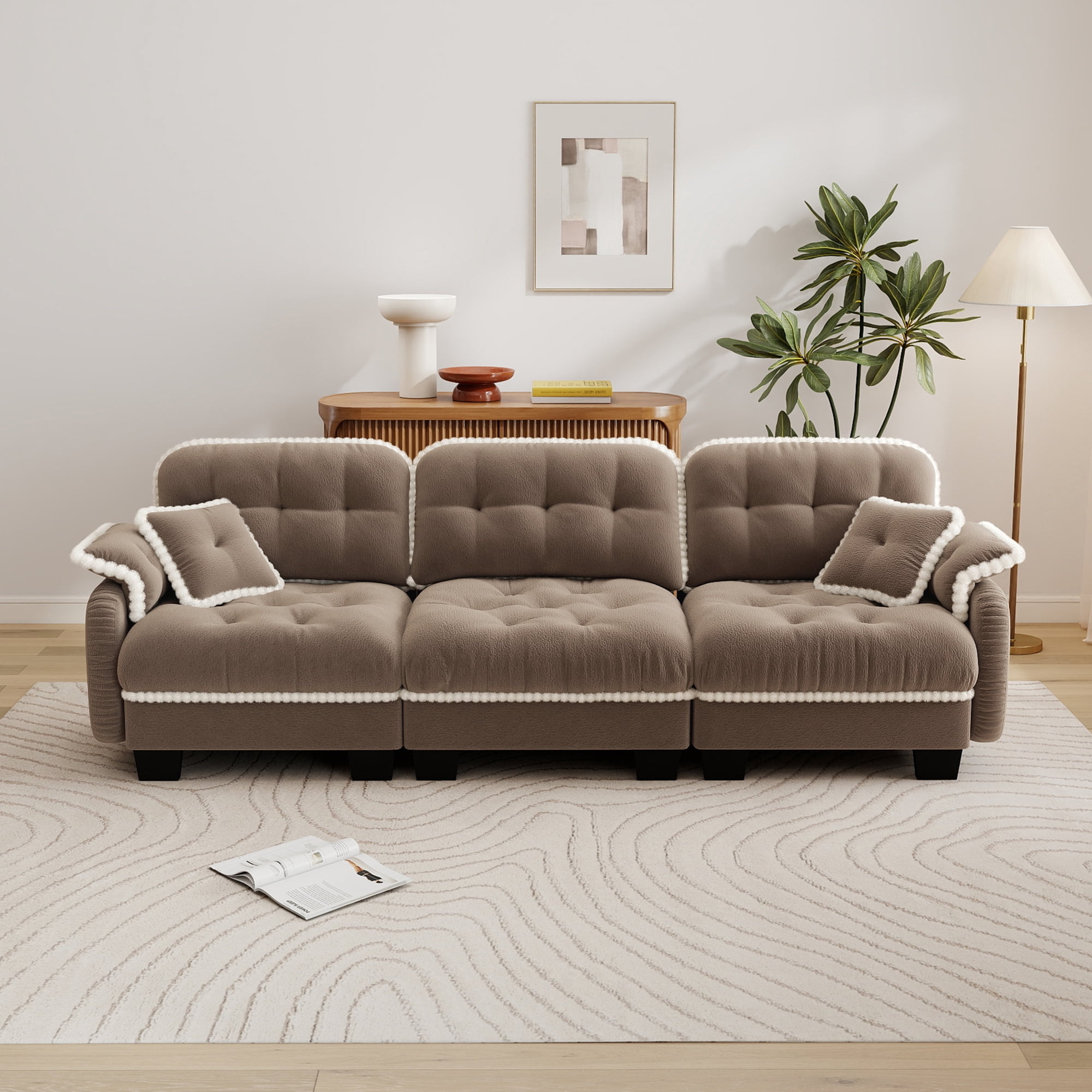 Aenkyo 100.7" Chenille Modular Sectional Sofa, 3-Seater with 23.8" Deep Seats, Camel