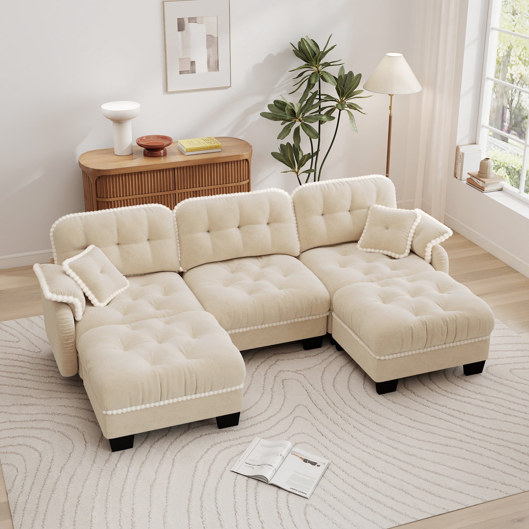 Aenkyo 100.7" Chenille Modular Sectional Sofa with 2 Movable Ottomans, 3-Seater, Beige