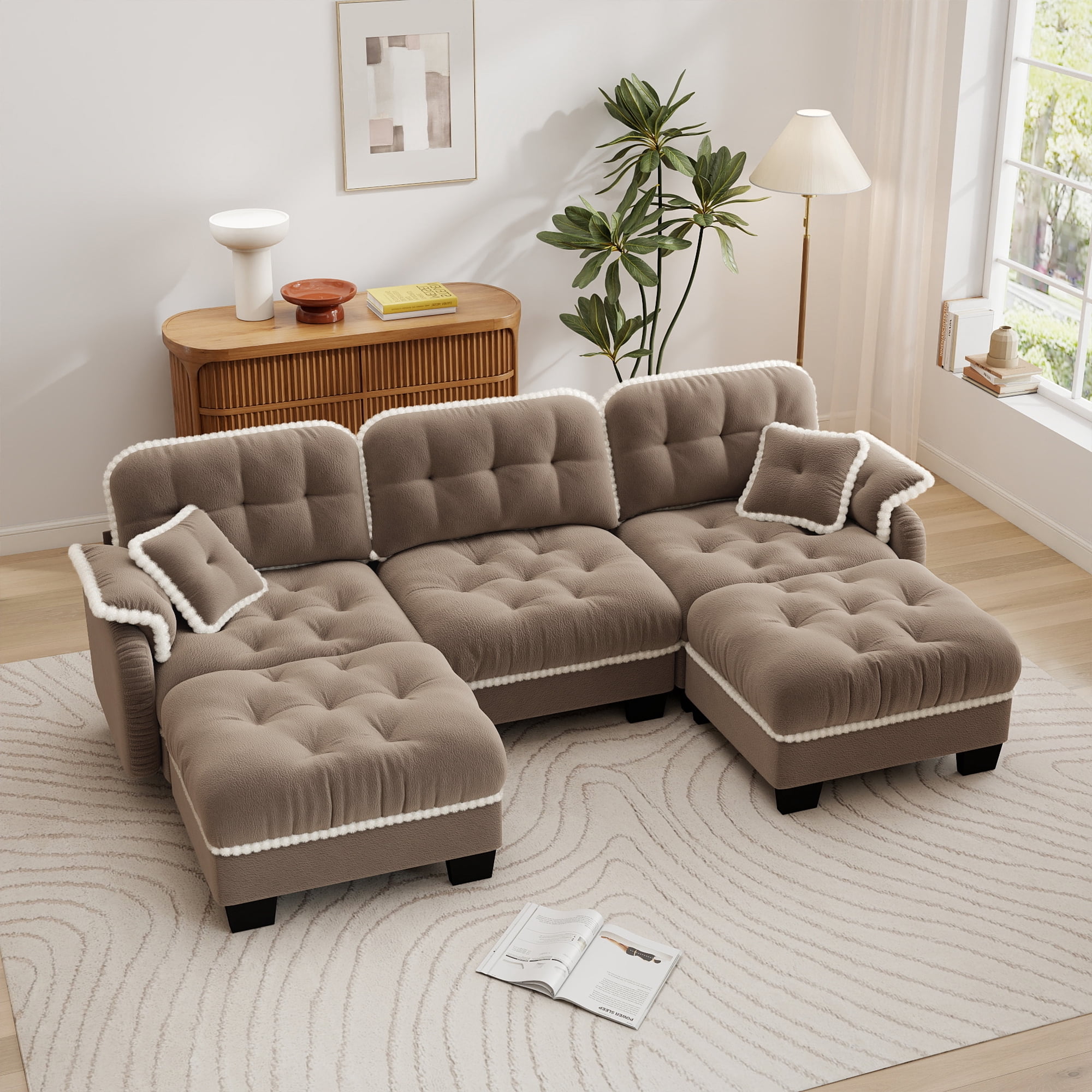Aenkyo 100.7" Chenille Modular Sectional Sofa with 2 Movable Ottomans, 3-Seater, Camel