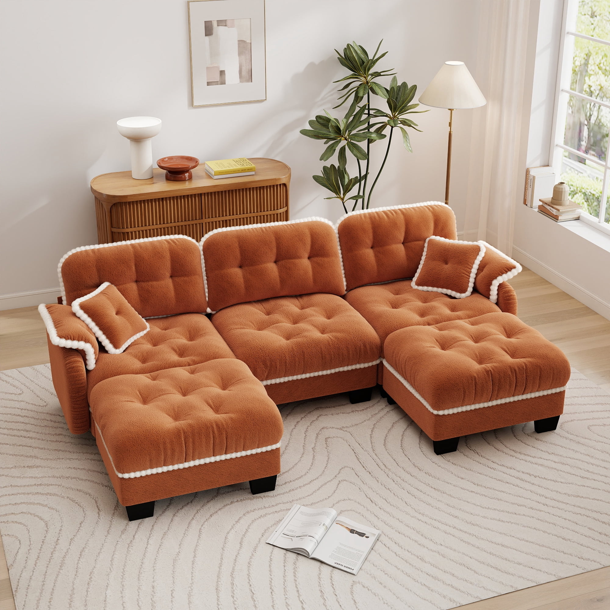 Aenkyo 100.7" Chenille Modular Sectional Sofa with 2 Movable Ottomans, 3-Seater, Orange
