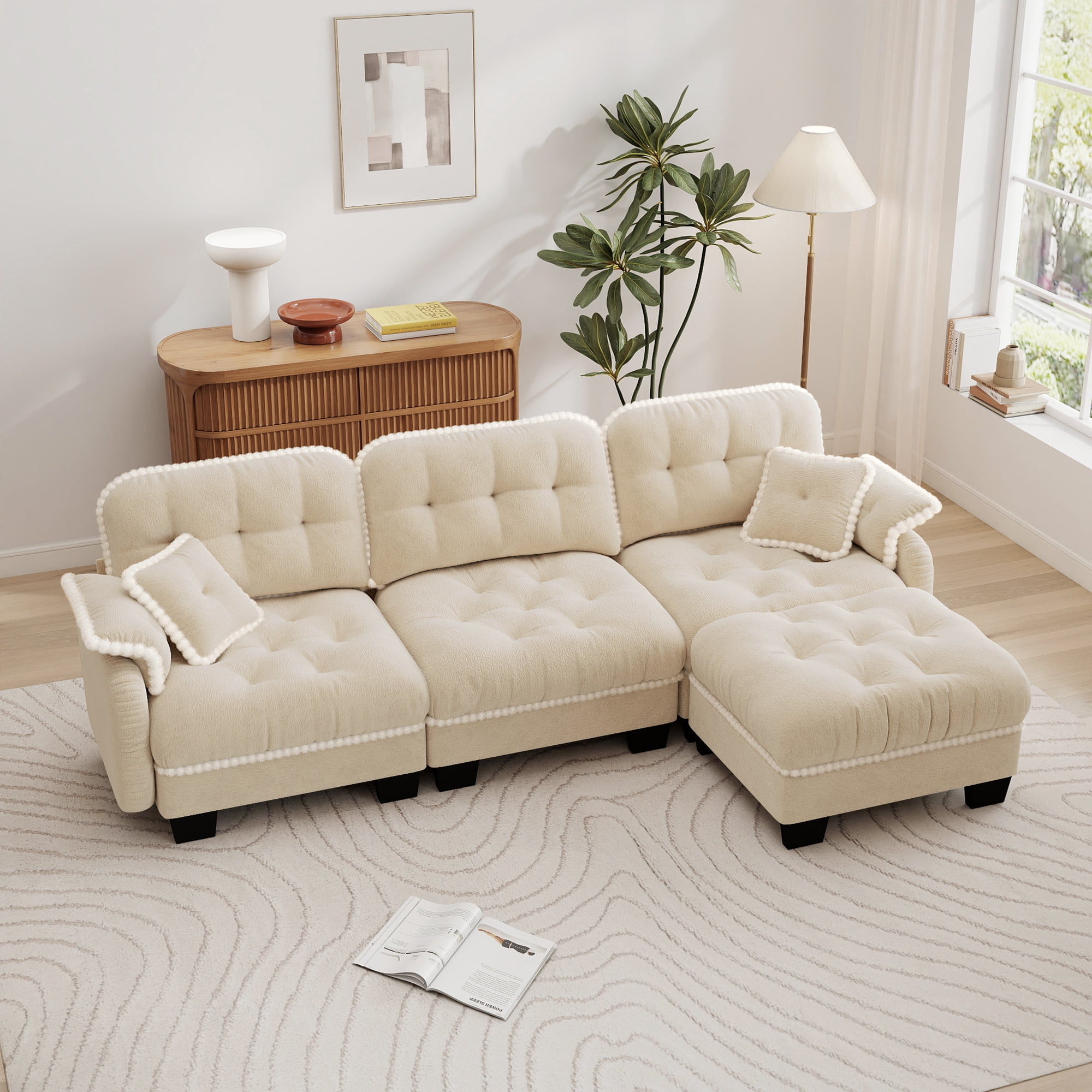 Aenkyo 100" Chenille Modular 3-Seater Sectional Sofa with Movable Ottoman, Beige