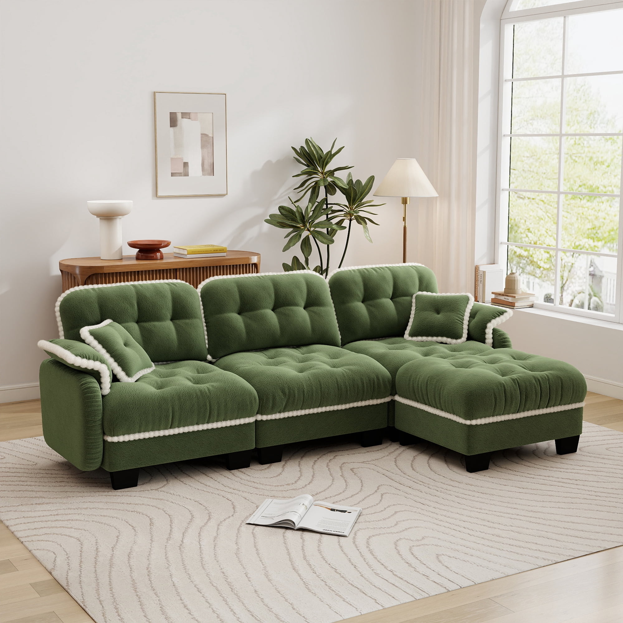 Aenkyo 100" Chenille Modular 3-Seater Sectional Sofa with Movable Ottoman, Green