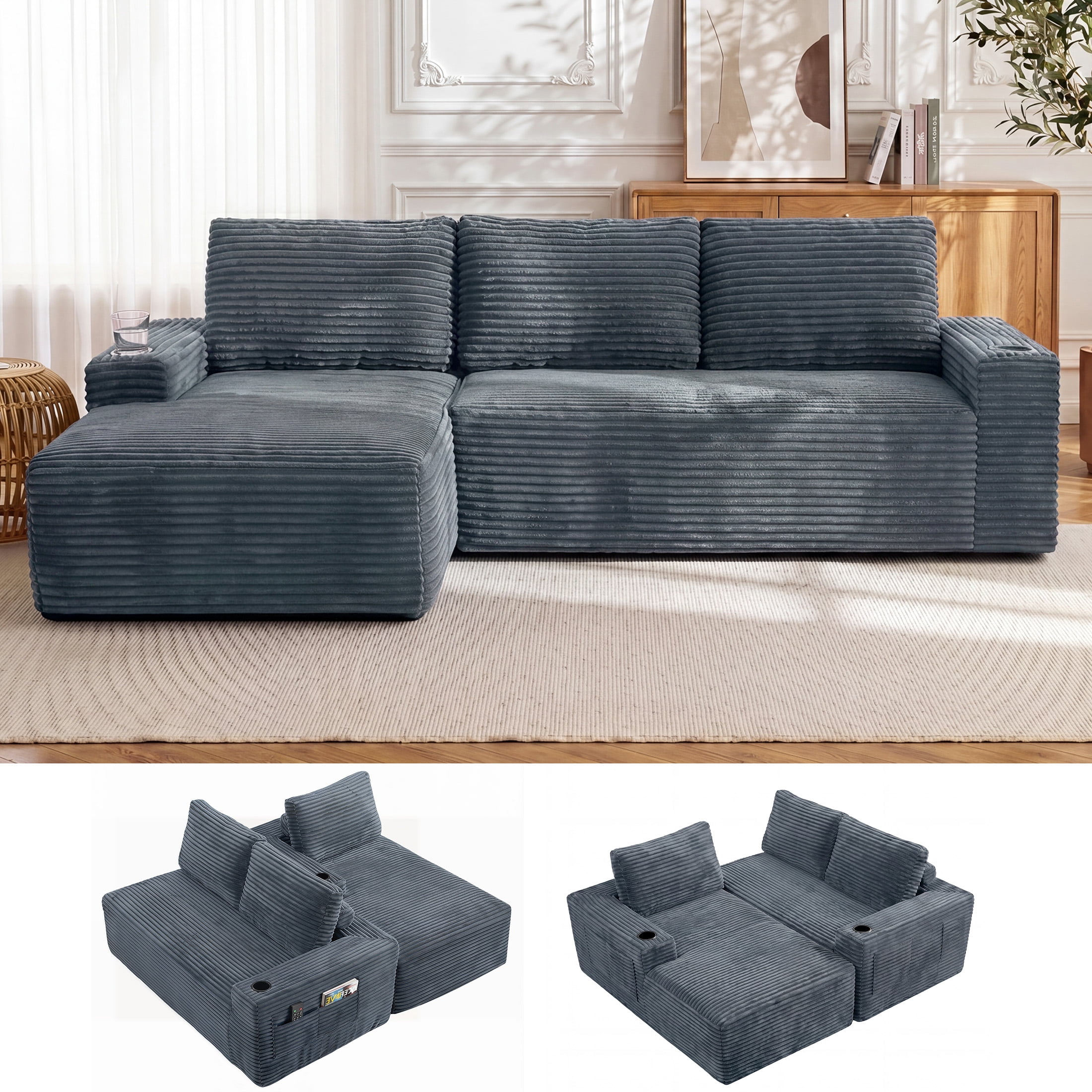 Aenkyo 104 Inch Corduroy L-Shaped Cloud Sectional Sofa with Left Facing Chaise and Cup Holders, Gray