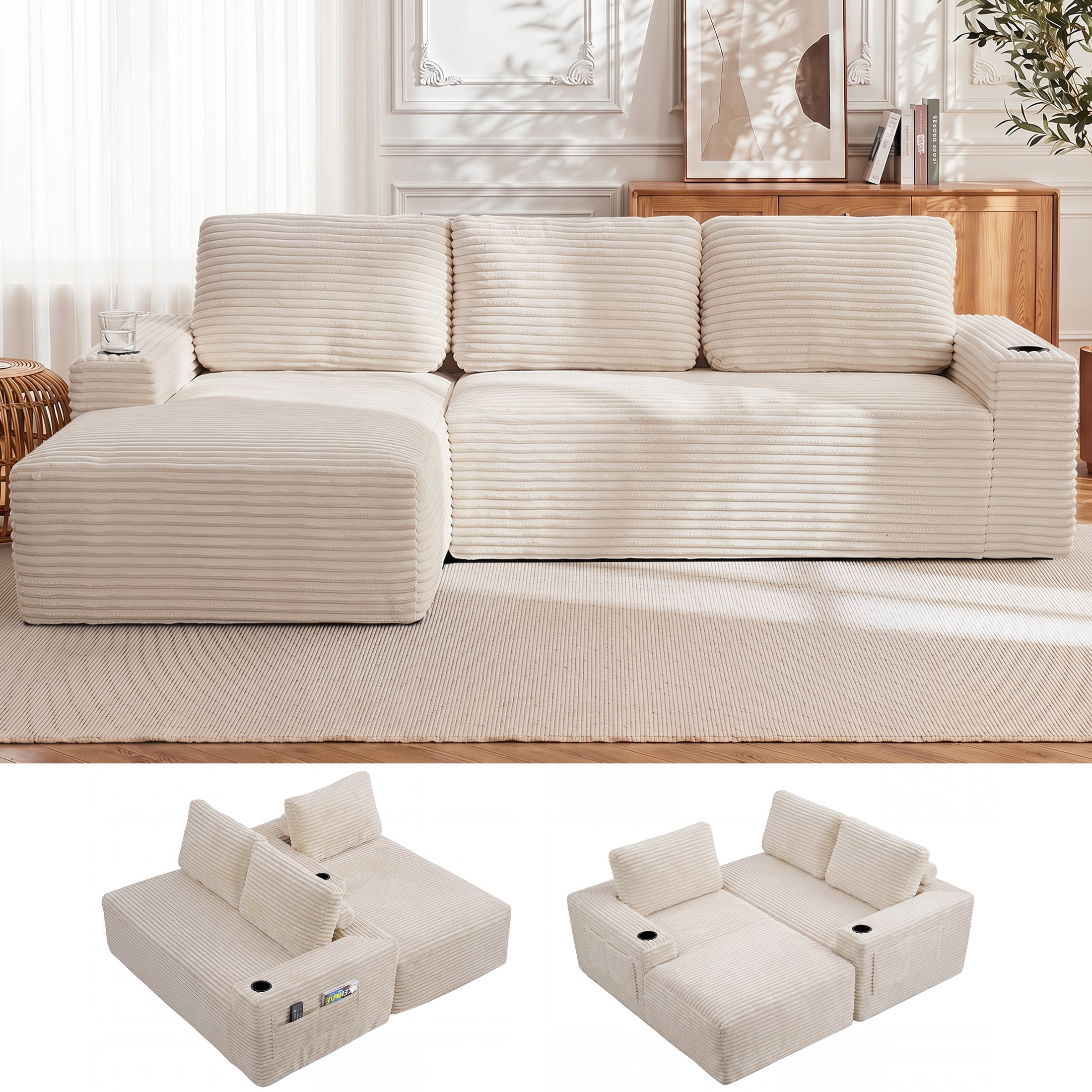 Aenkyo 104 Inch Corduroy L-Shaped Cloud Sectional Sofa with Left Facing Chaise and Cup Holders, Gream