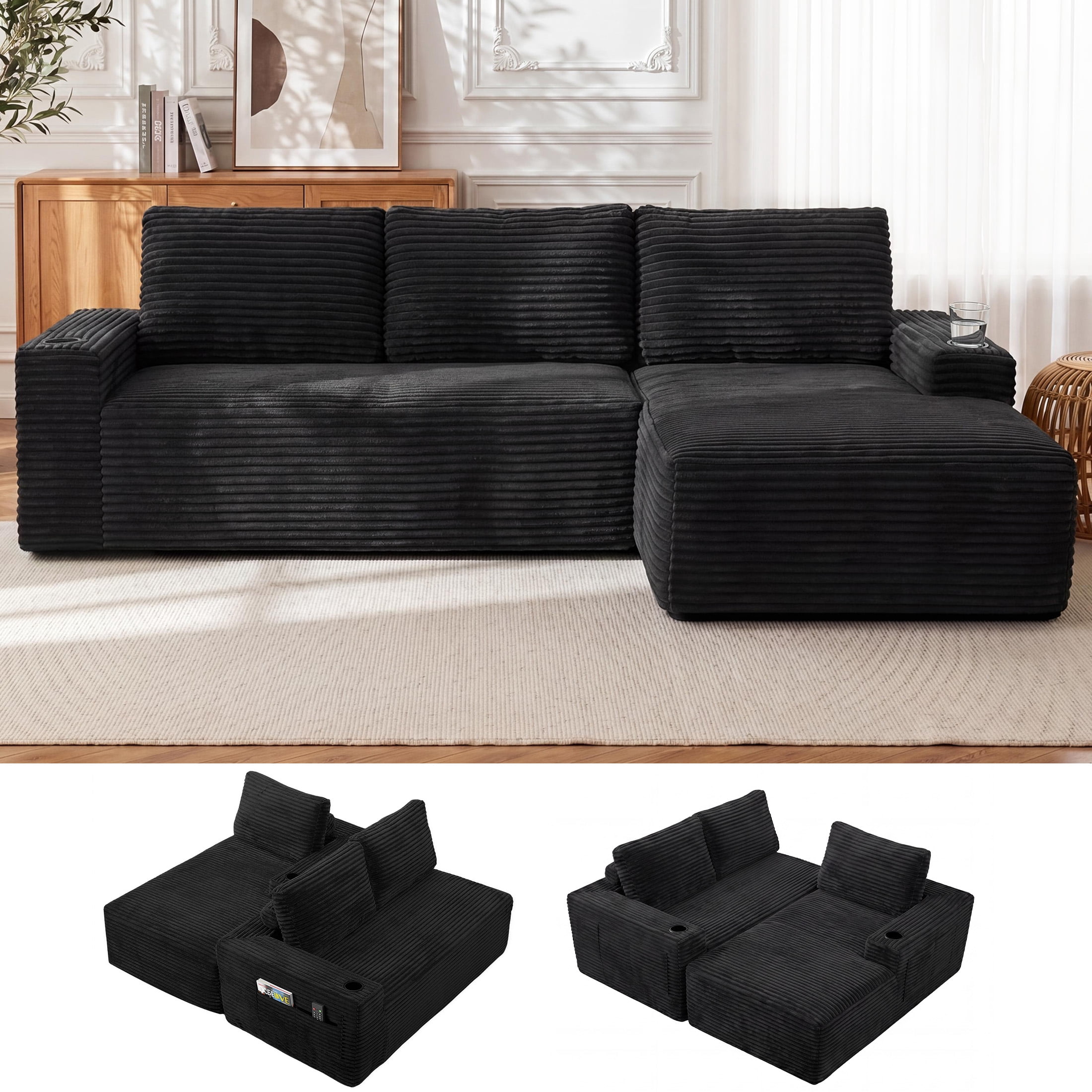 Aenkyo 104 Inch Corduroy L-Shaped Cloud Sectional Sofa with Right Facing Chaise and Cup Holders, Black