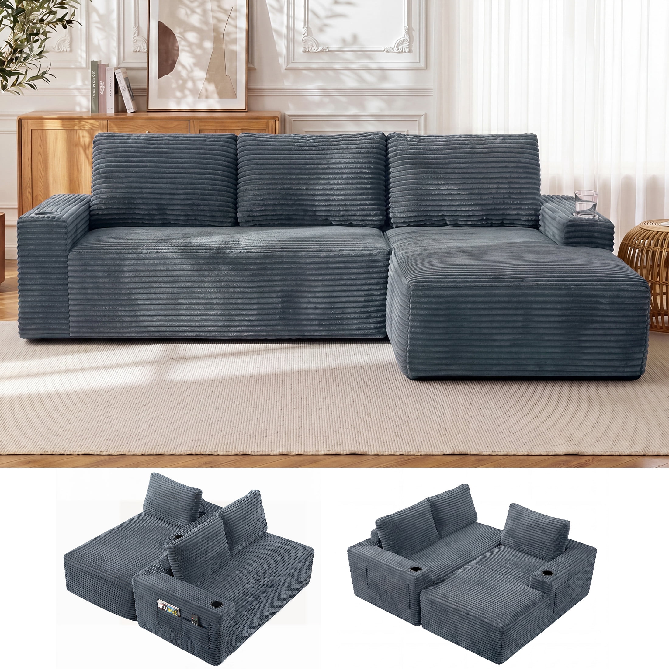 Aenkyo 104 Inch Corduroy L-Shaped Cloud Sectional Sofa with Right Facing Chaise and Cup Holders, Gray