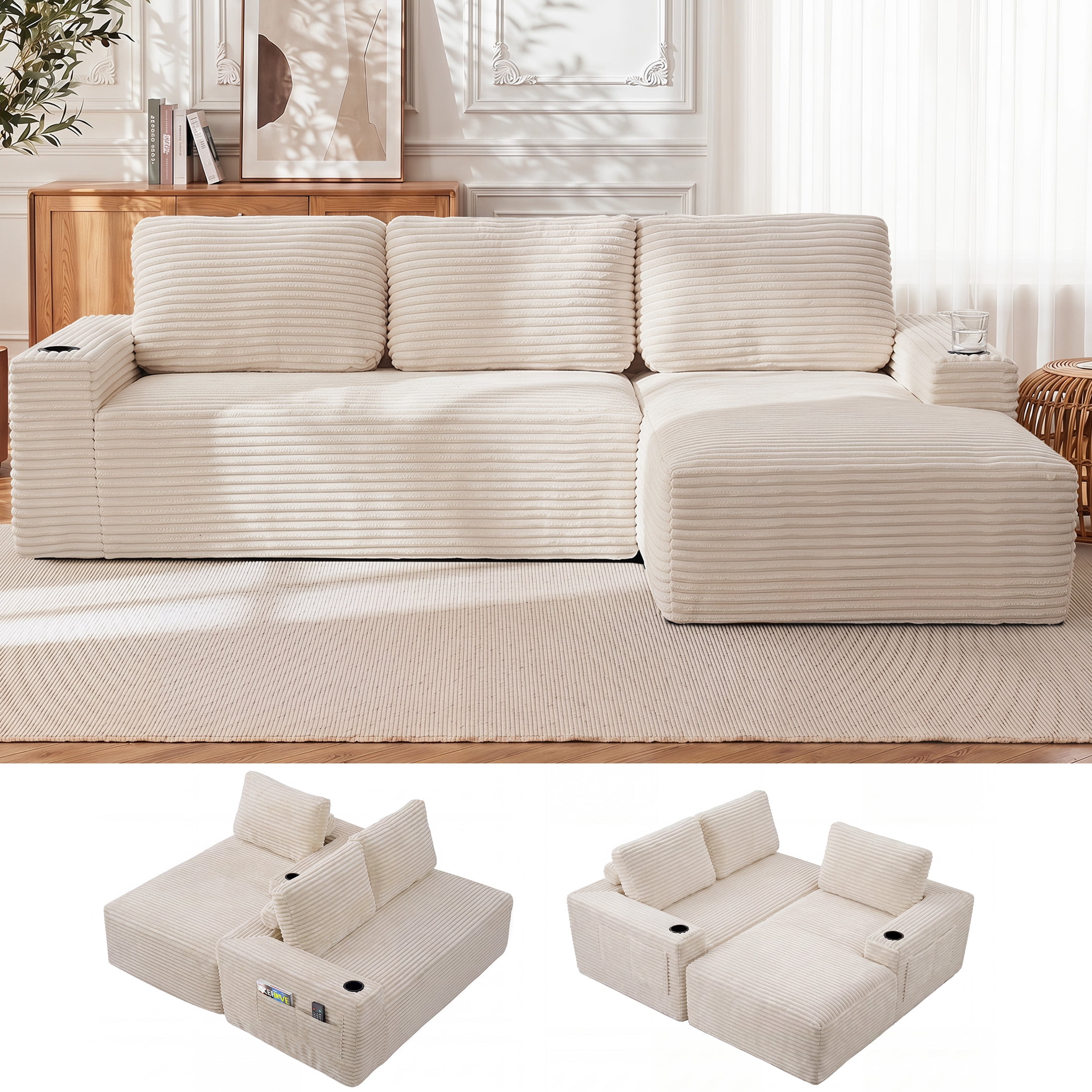 Aenkyo 104 Inch Corduroy L-Shaped Cloud Sectional Sofa with Right Facing Chaise and Cup Holders, Gream