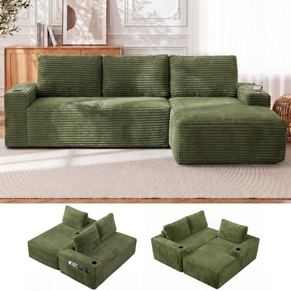 Aenkyo 104 Inch Corduroy L-Shaped Cloud Sectional Sofa with Right Facing Chaise and Cup Holders, Green