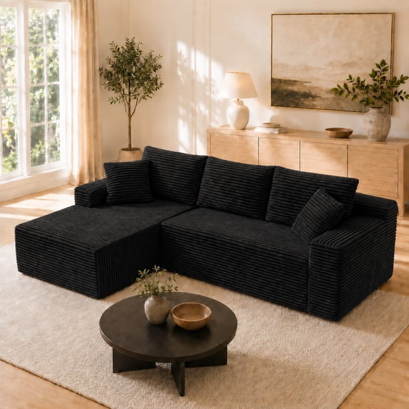Aenkyo 106 Inch Corduroy L-Shaped Cloud Sectional Sofa with Reversible Chaise, Black