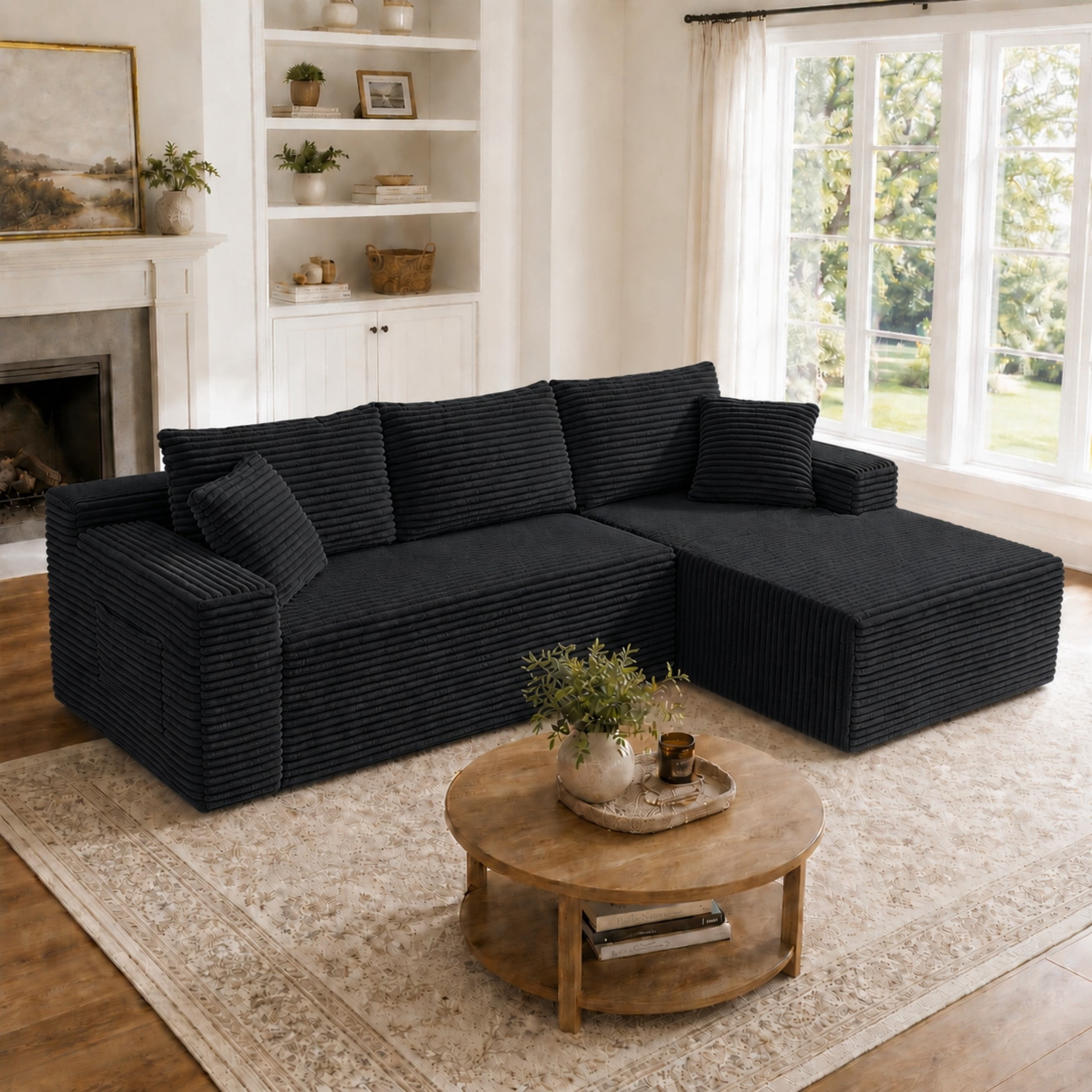 Aenkyo 106 Inch Corduroy L-Shaped Cloud Sectional Sofa with Reversible Chaise, Black