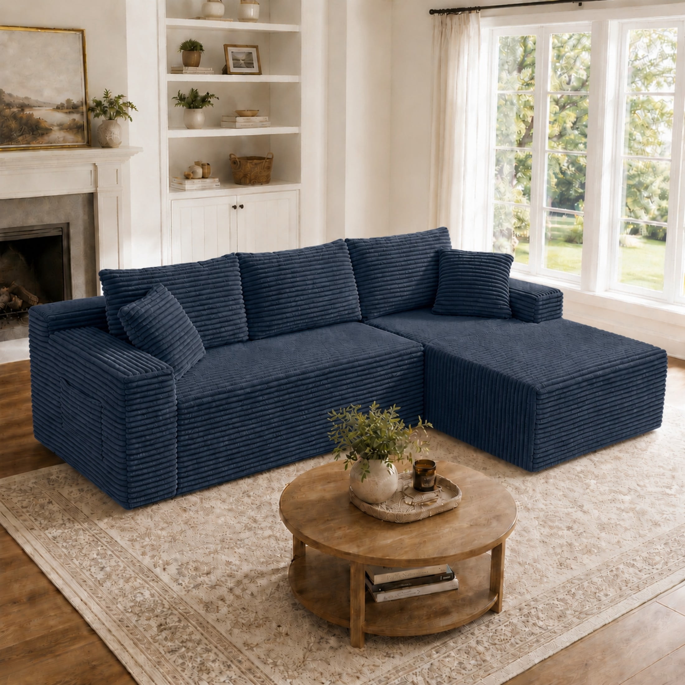 Aenkyo 106 Inch Corduroy L-Shaped Cloud Sectional Sofa with Reversible Chaise, Blue