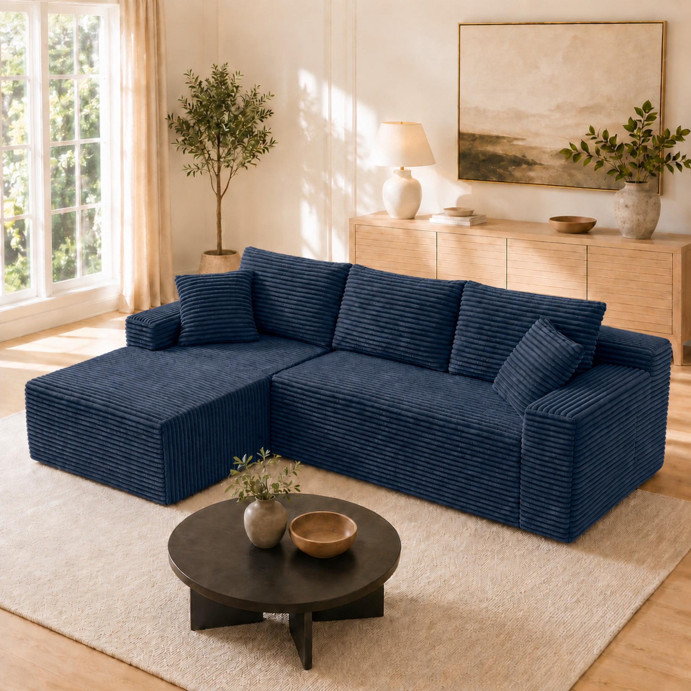 Aenkyo 106 Inch Corduroy L-Shaped Cloud Sectional Sofa with Reversible Chaise, Blue