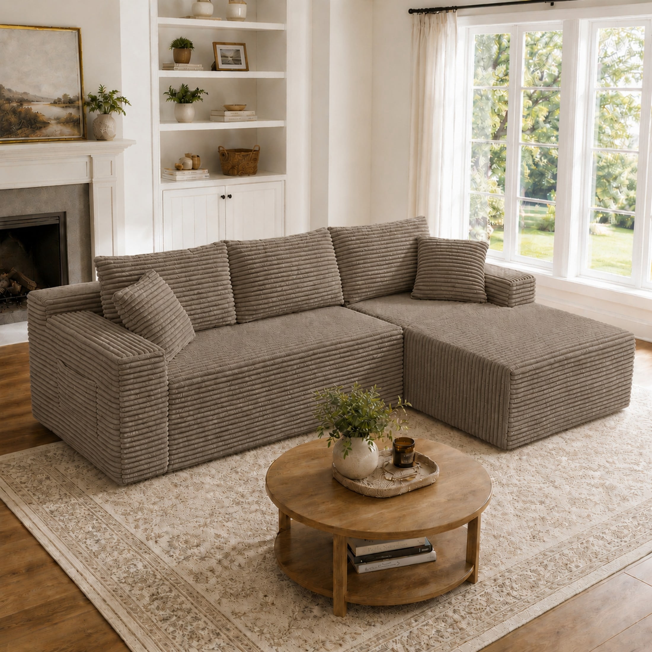 Aenkyo 106 Inch Corduroy L-Shaped Cloud Sectional Sofa with Reversible Chaise, Camel