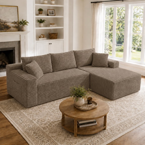 Aenkyo 106 Inch Corduroy L-Shaped Cloud Sectional Sofa with Reversible Chaise, Camel