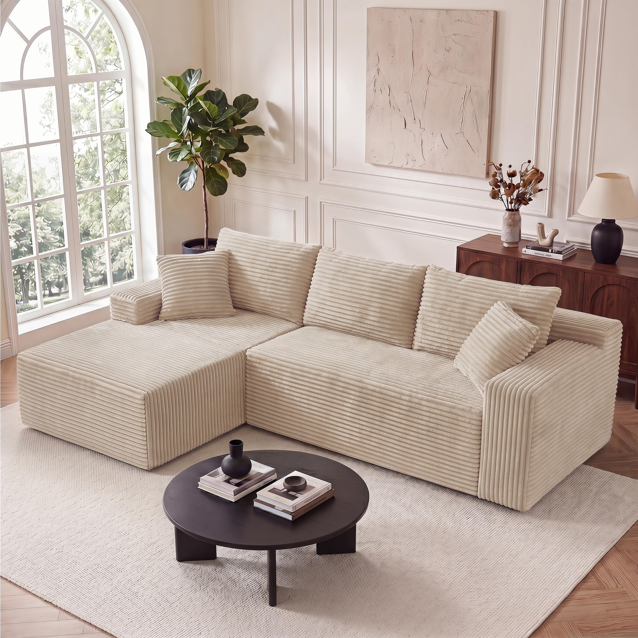Aenkyo 106 Inch Corduroy L-Shaped Cloud Sectional Sofa with Reversible Chaise, Camel