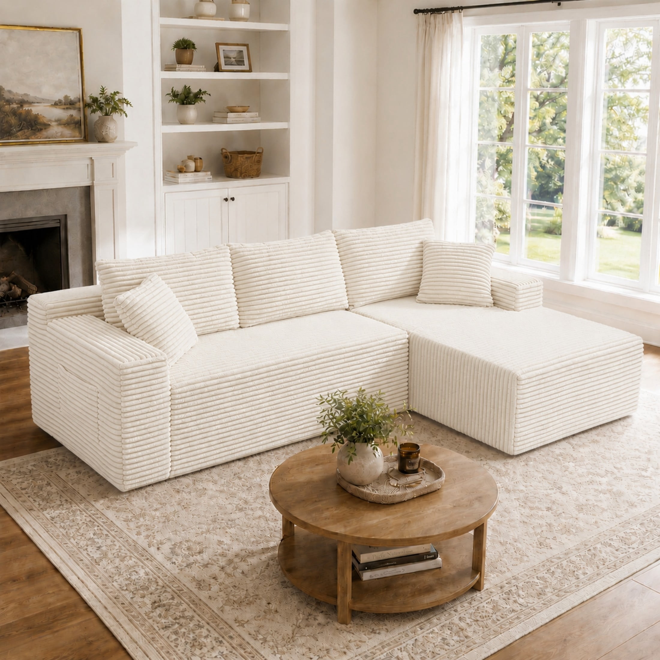 Aenkyo 106 Inch Corduroy L-Shaped Cloud Sectional Sofa with Reversible Chaise, Cream