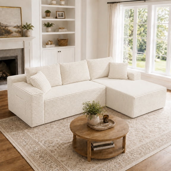 Aenkyo 106 Inch Corduroy L-Shaped Cloud Sectional Sofa with Reversible Chaise, Cream