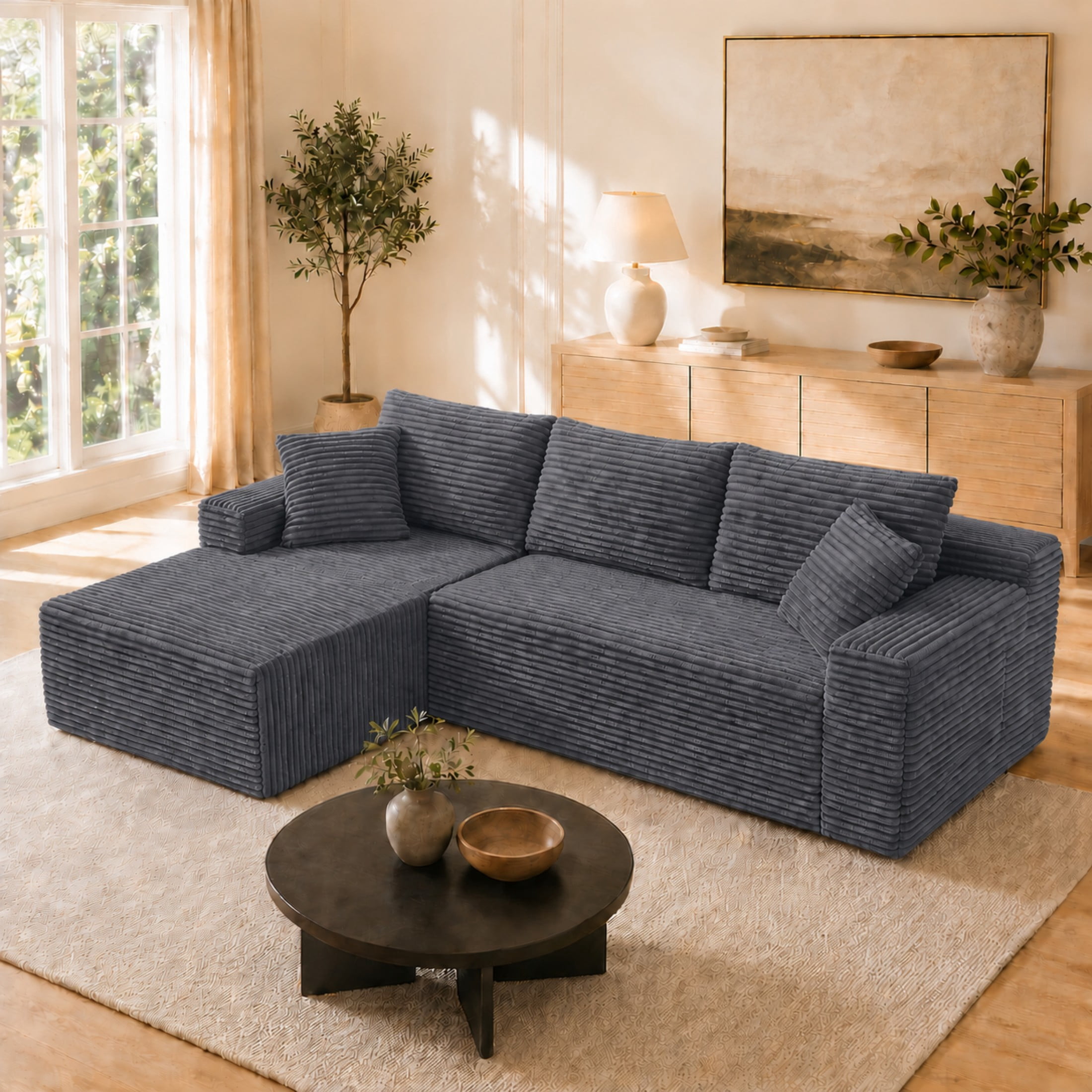 Aenkyo 106 Inch Corduroy L-Shaped Cloud Sectional Sofa with Reversible Chaise, Gray