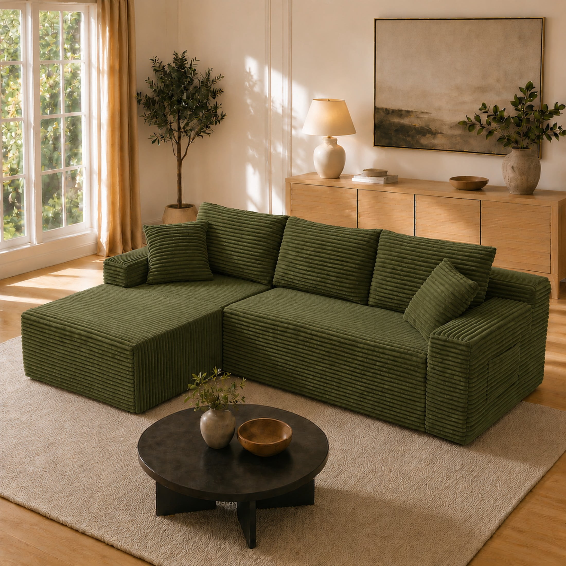 Aenkyo 106 Inch Corduroy L-Shaped Cloud Sectional Sofa with Reversible Chaise, Green