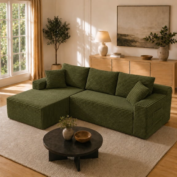 Aenkyo 106 Inch Corduroy L-Shaped Cloud Sectional Sofa with Reversible Chaise, Green