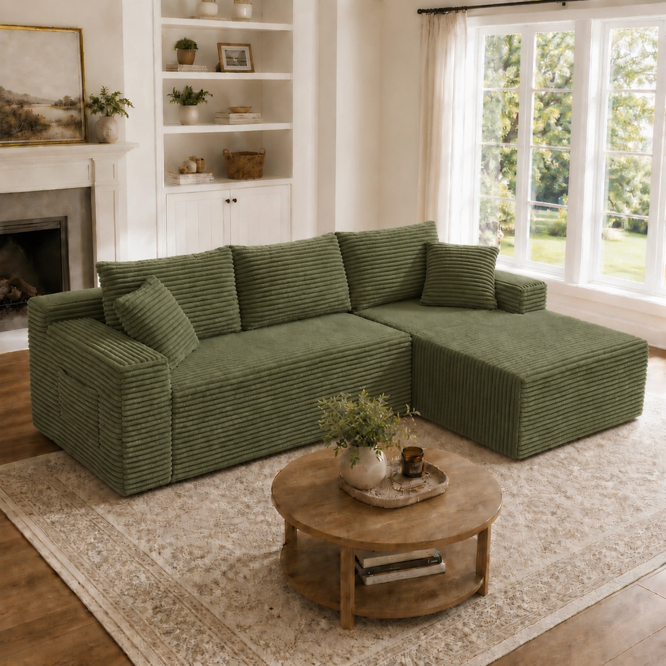 Aenkyo 106 Inch Corduroy L-Shaped Cloud Sectional Sofa with Reversible Chaise, Green