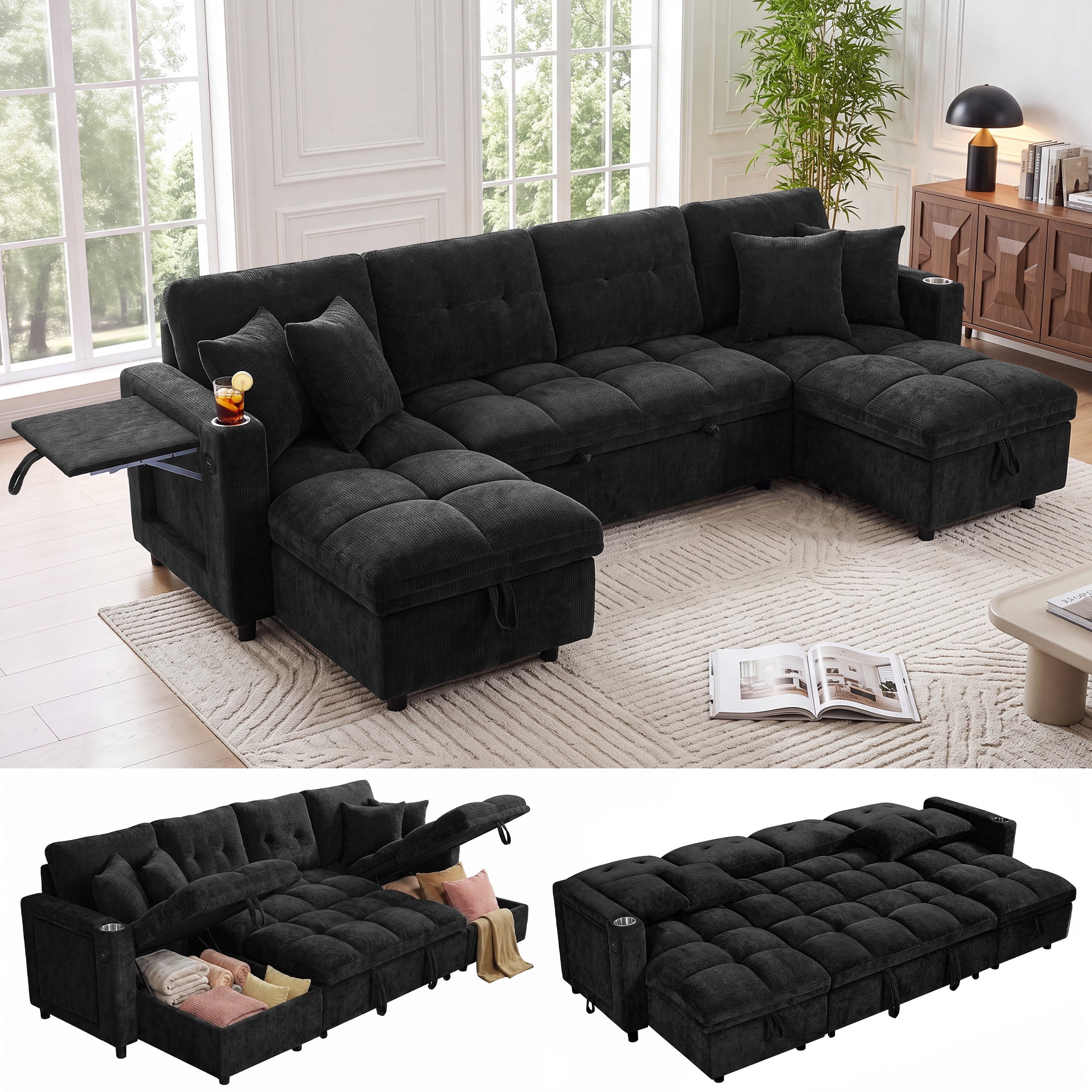 Aenkyo 108" Chenille U-Shaped Sectional Pull Out Sofa Bed with Dual Storage Chaises, Black