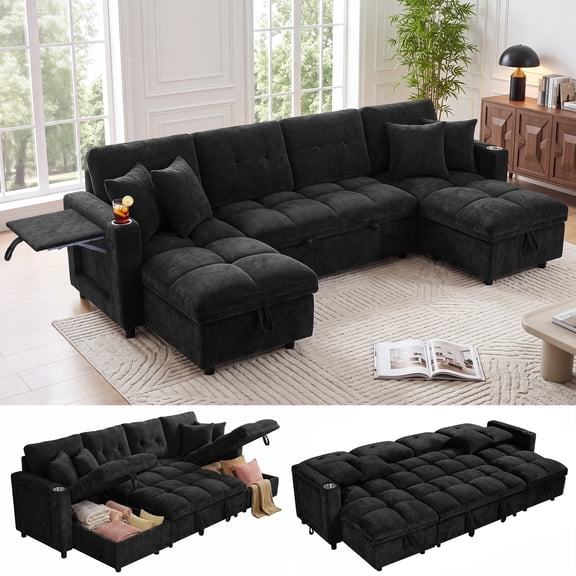 Aenkyo 108" Chenille U-Shaped Sectional Pull Out Sofa Bed with Dual Storage Chaises, Black