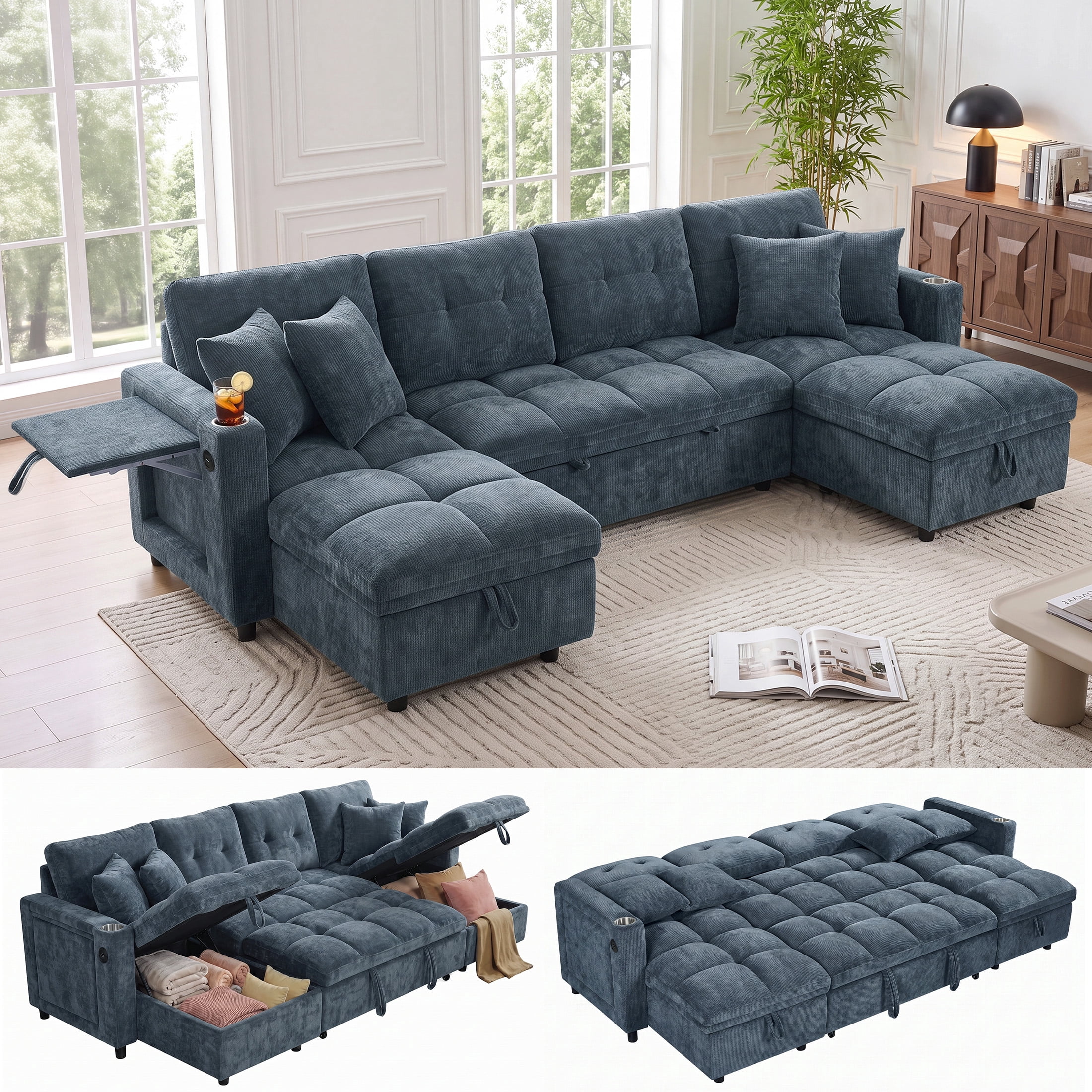 Aenkyo 108" Chenille U-Shaped Sectional Pull Out Sofa Bed with Dual Storage Chaises, Blue