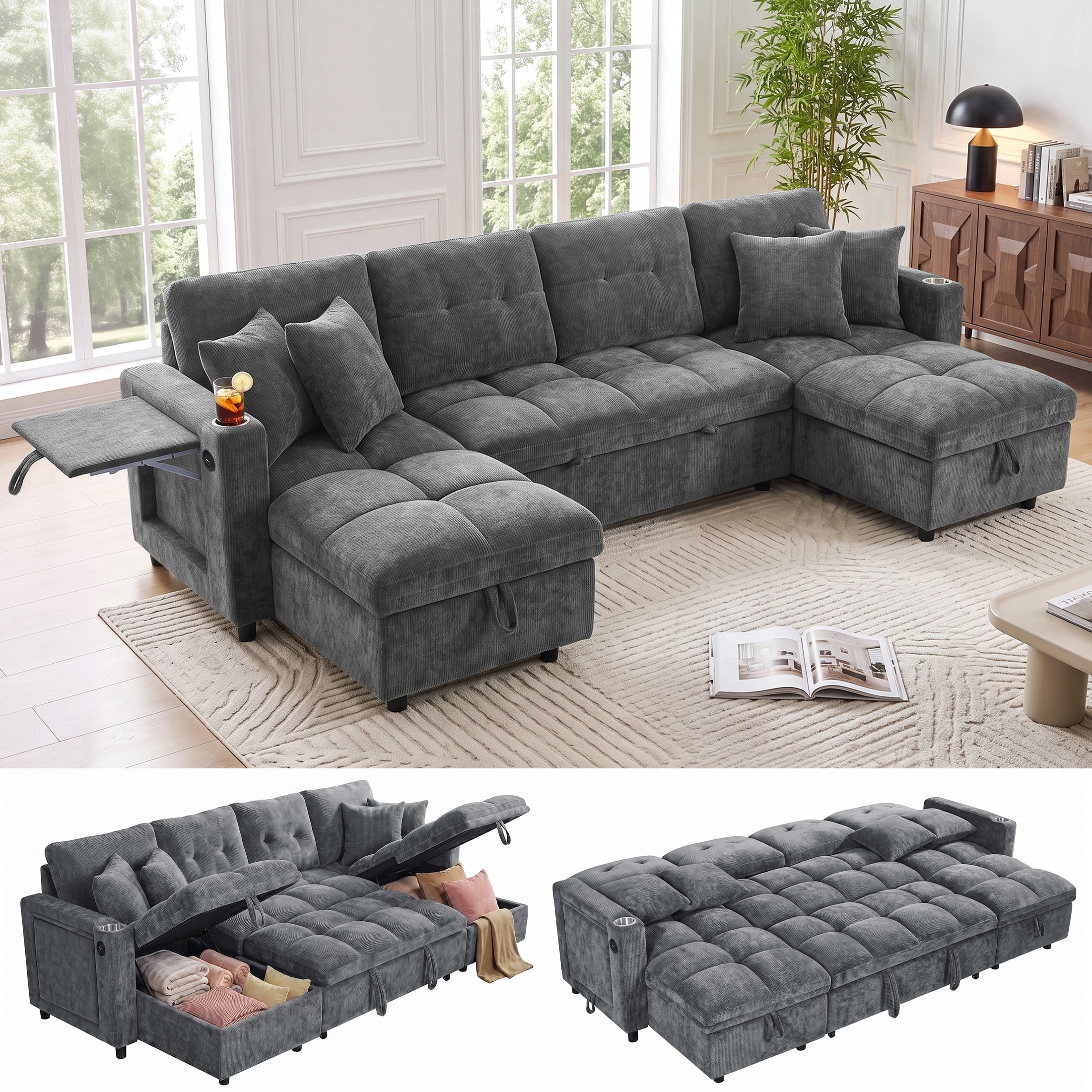 Aenkyo 108" Chenille U-Shaped Sectional Pull Out Sofa Bed with Dual Storage Chaises, Gray