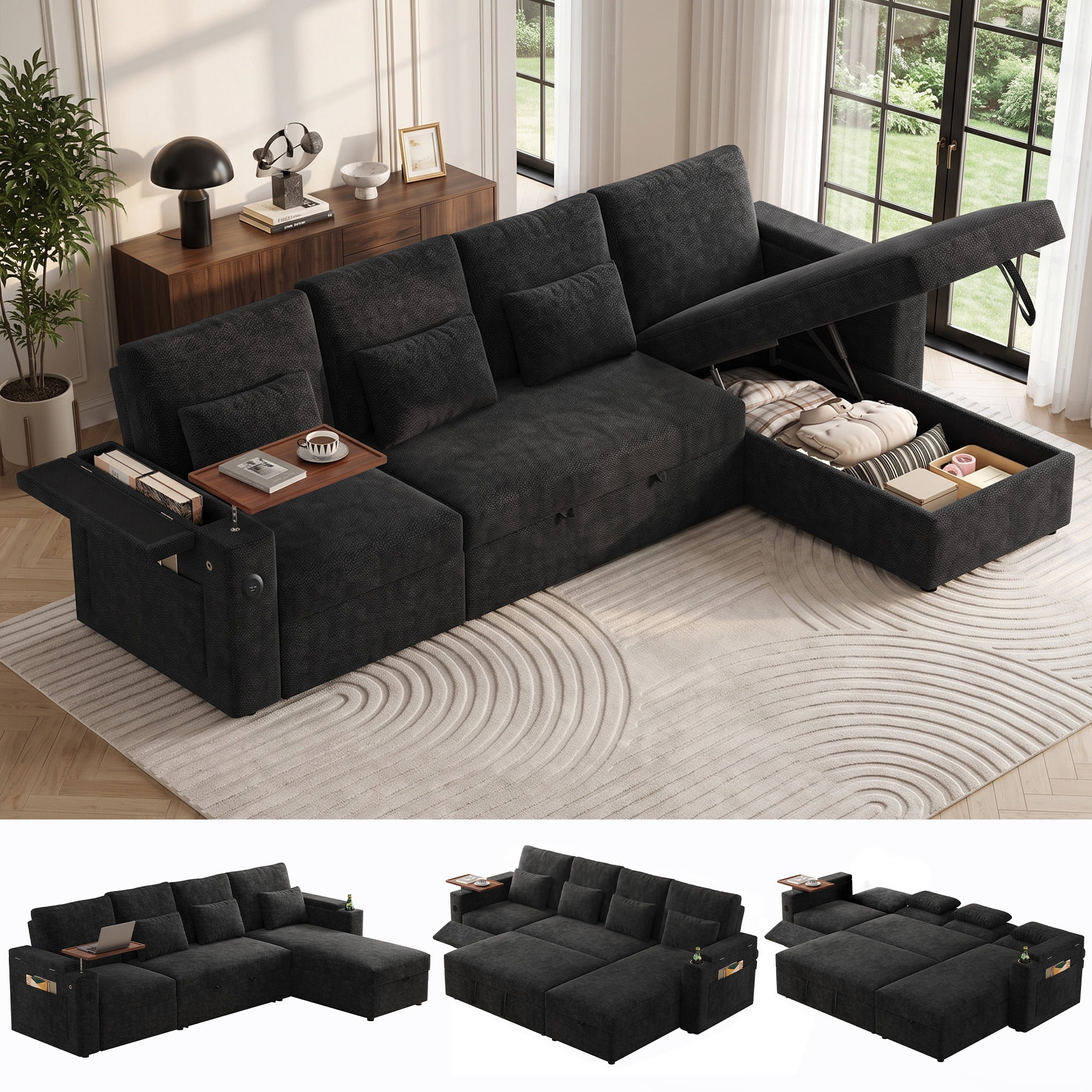 Aenkyo 108" L-Shaped Sectional Sleeper Sofa with Pull Out Bed, Recliner and Storage Chaise, Black