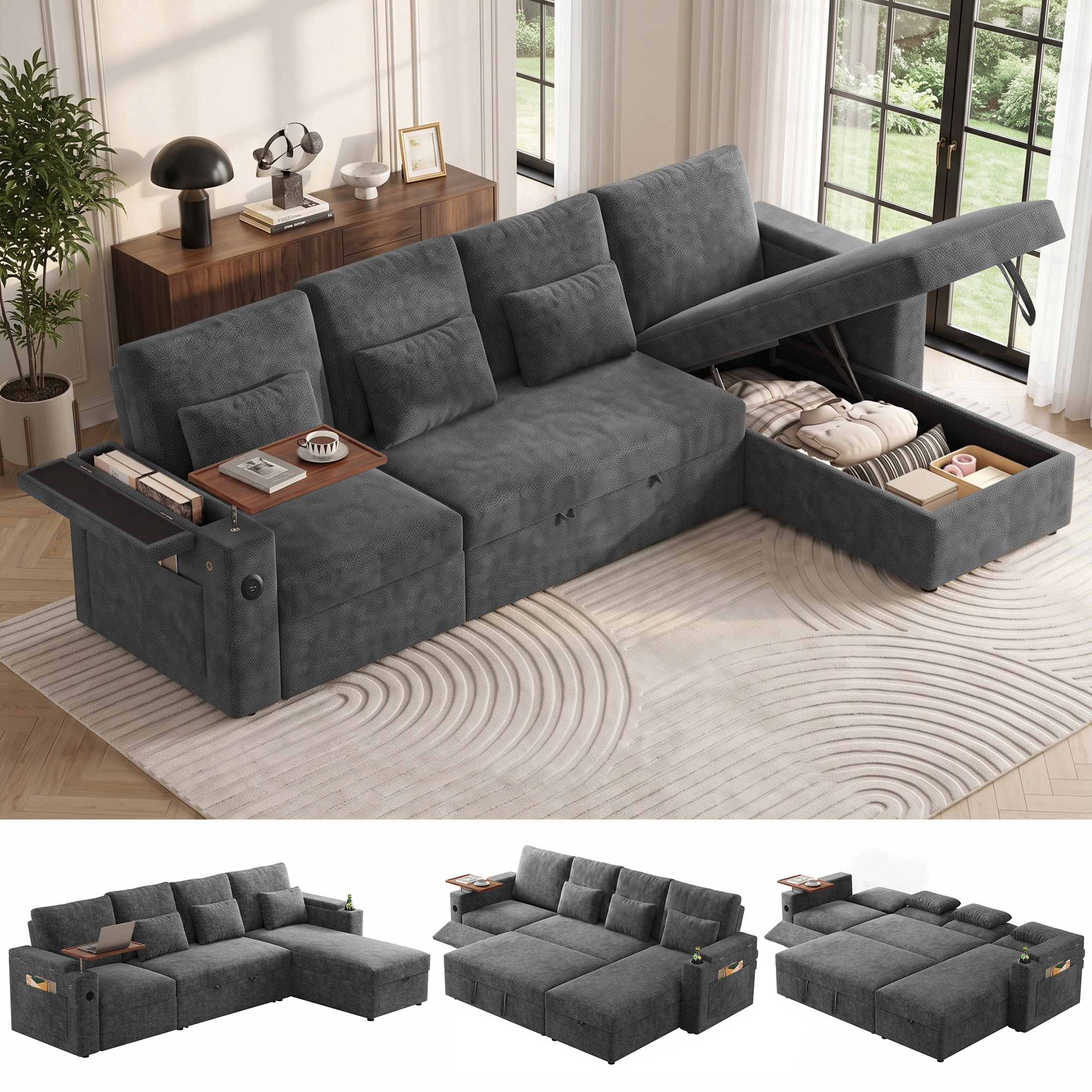 Aenkyo 108" L-Shaped Sectional Sleeper Sofa with Pull Out Bed, Recliner and Storage Chaise, Gray