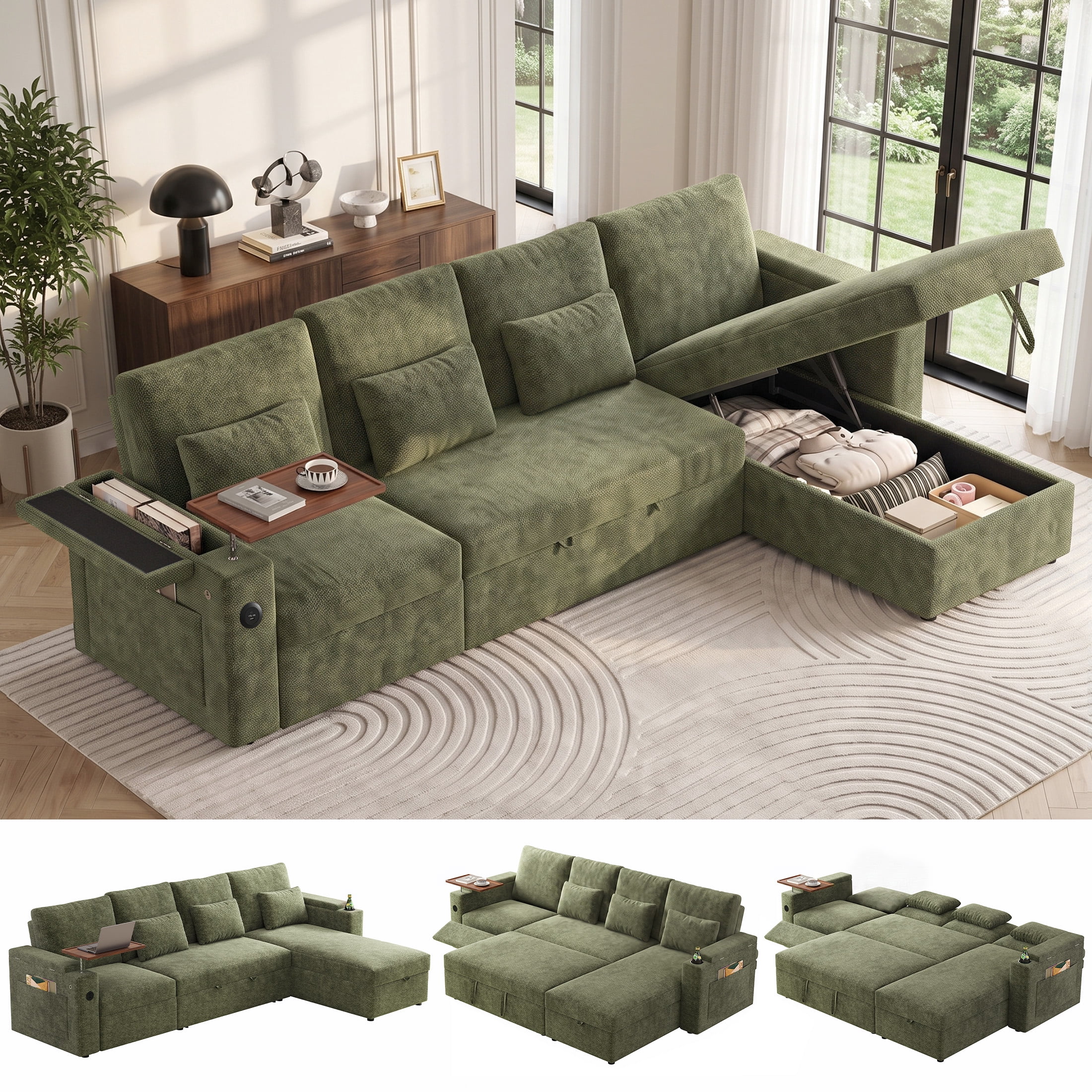 Aenkyo 108" L-Shaped Sectional Sleeper Sofa with Pull Out Bed, Recliner and Storage Chaise, Green