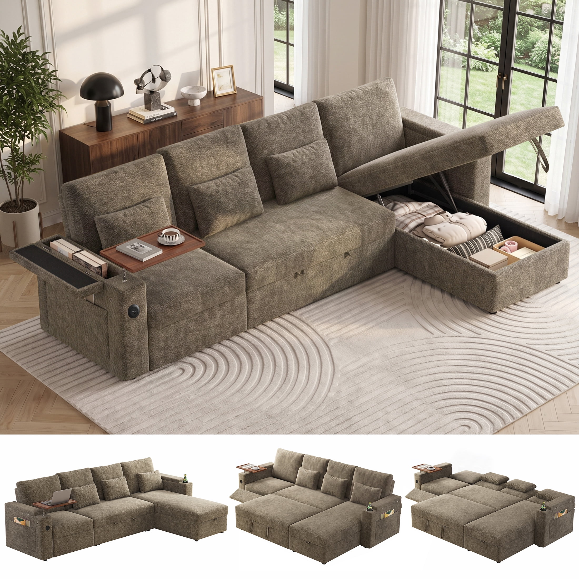 Aenkyo 108" L-Shaped Sectional Sleeper Sofa with Pull Out Bed, Recliner and Storage Chaise, Khaki