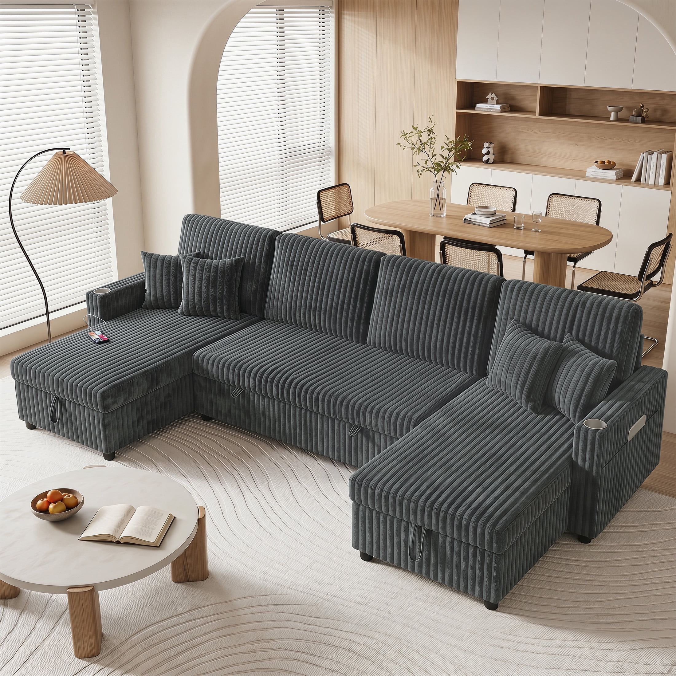 Aenkyo 110" U-Shaped Sleeper Sofa with Pull Out Bed, Storage Chaises and USB, Dark Gray