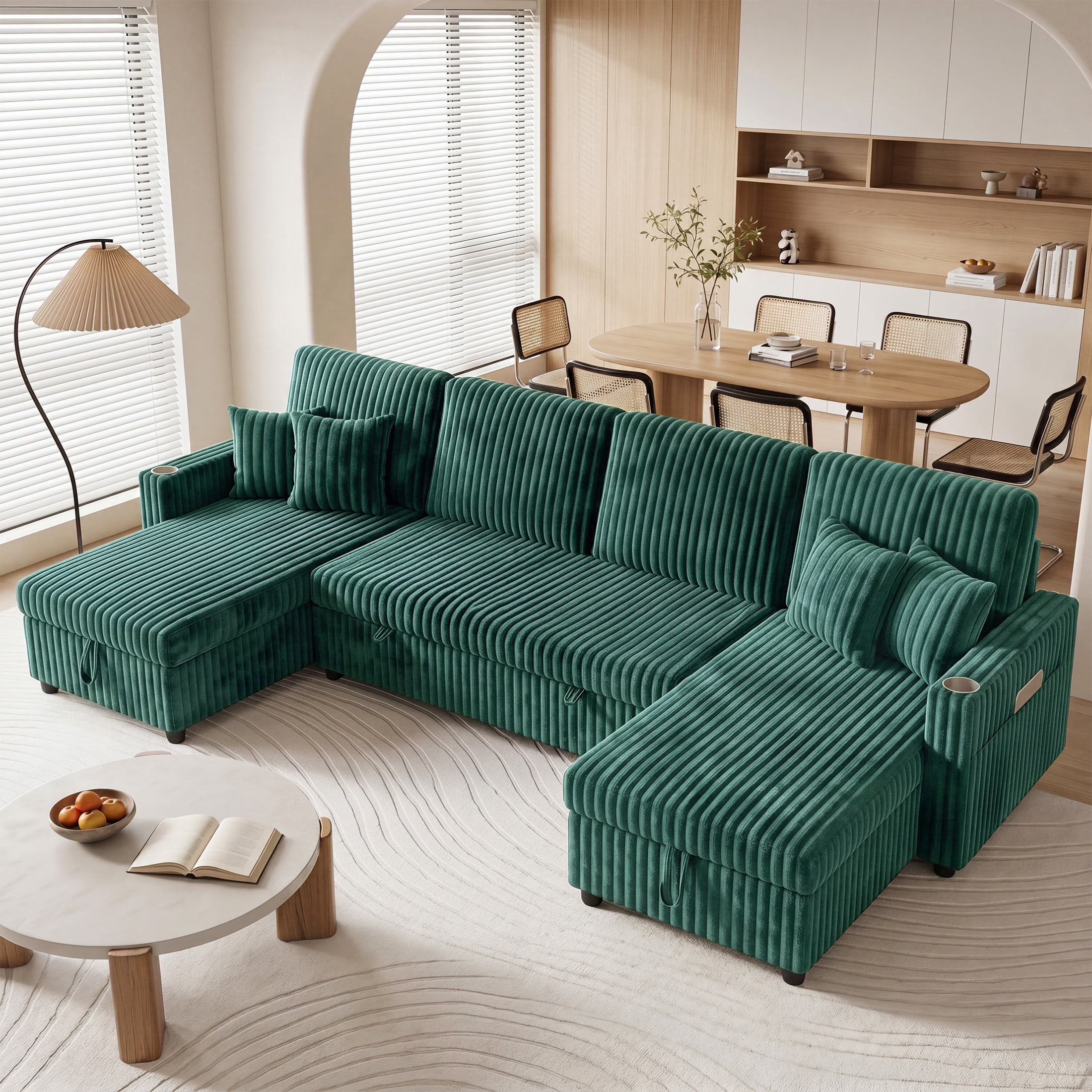 Aenkyo 110" U-Shaped Sleeper Sofa with Pull Out Bed, Storage Chaises and USB, Green