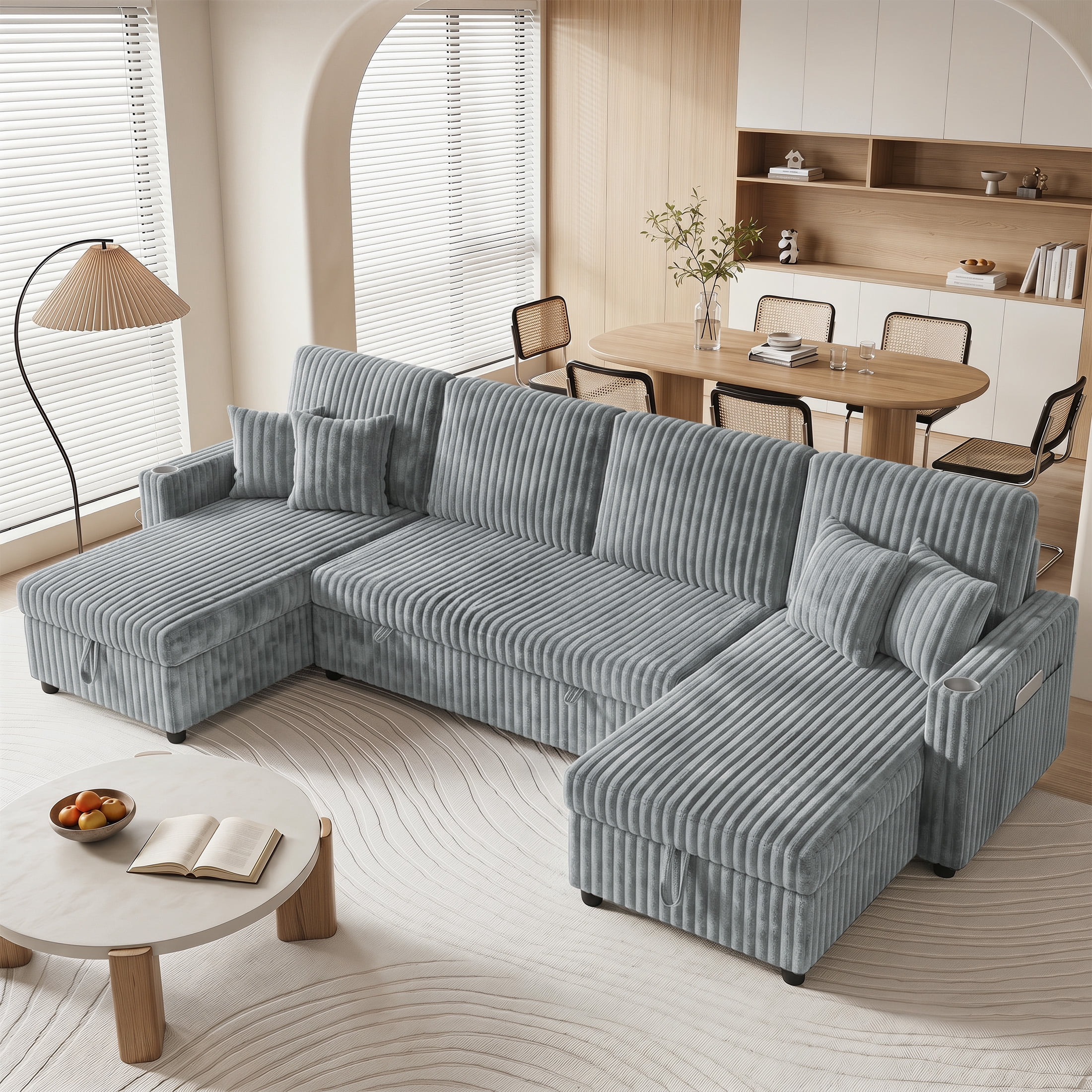 Aenkyo 110" U-Shaped Sleeper Sofa with Pull Out Bed, Storage Chaises and USB, Light Gray