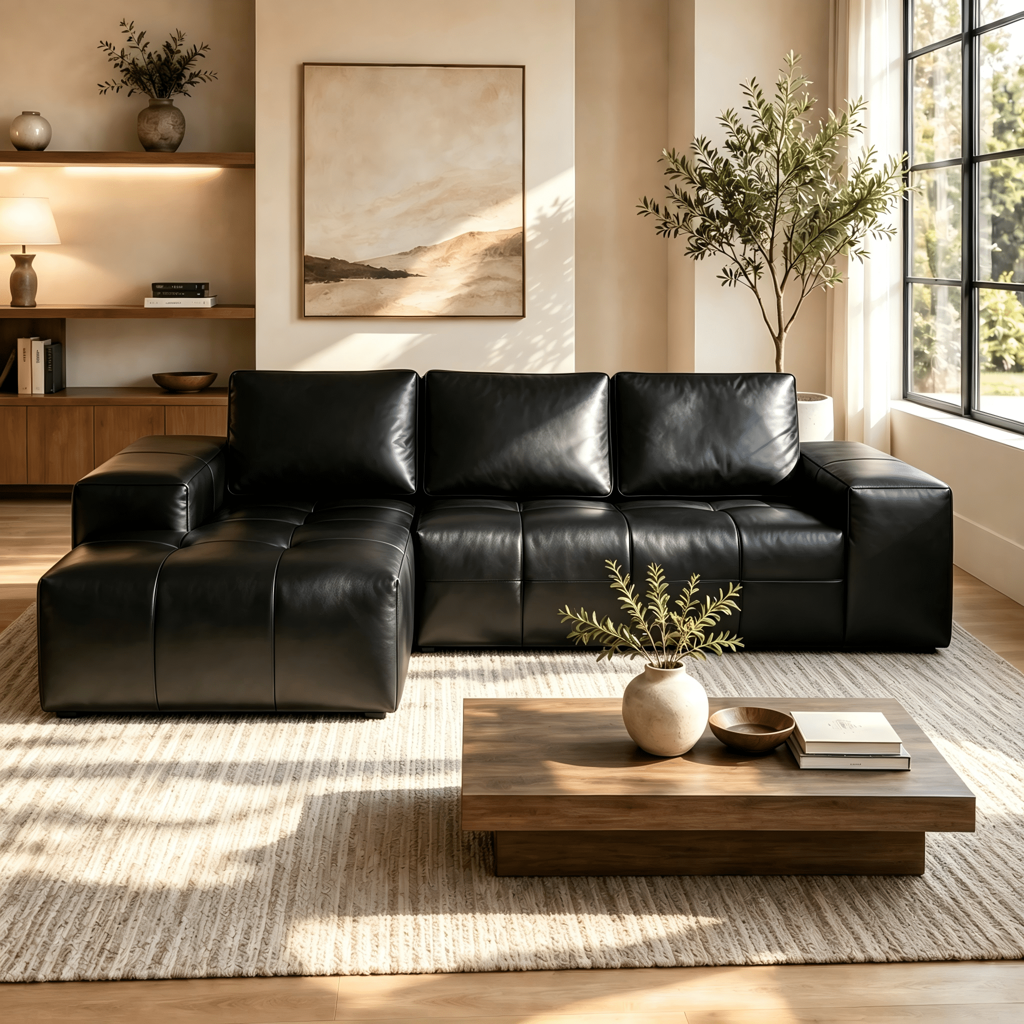 Aenkyo 114" Faux Leather L-Shaped Sectional Sofa with Left Hand Chaise, Boneless Modular Couch, Black