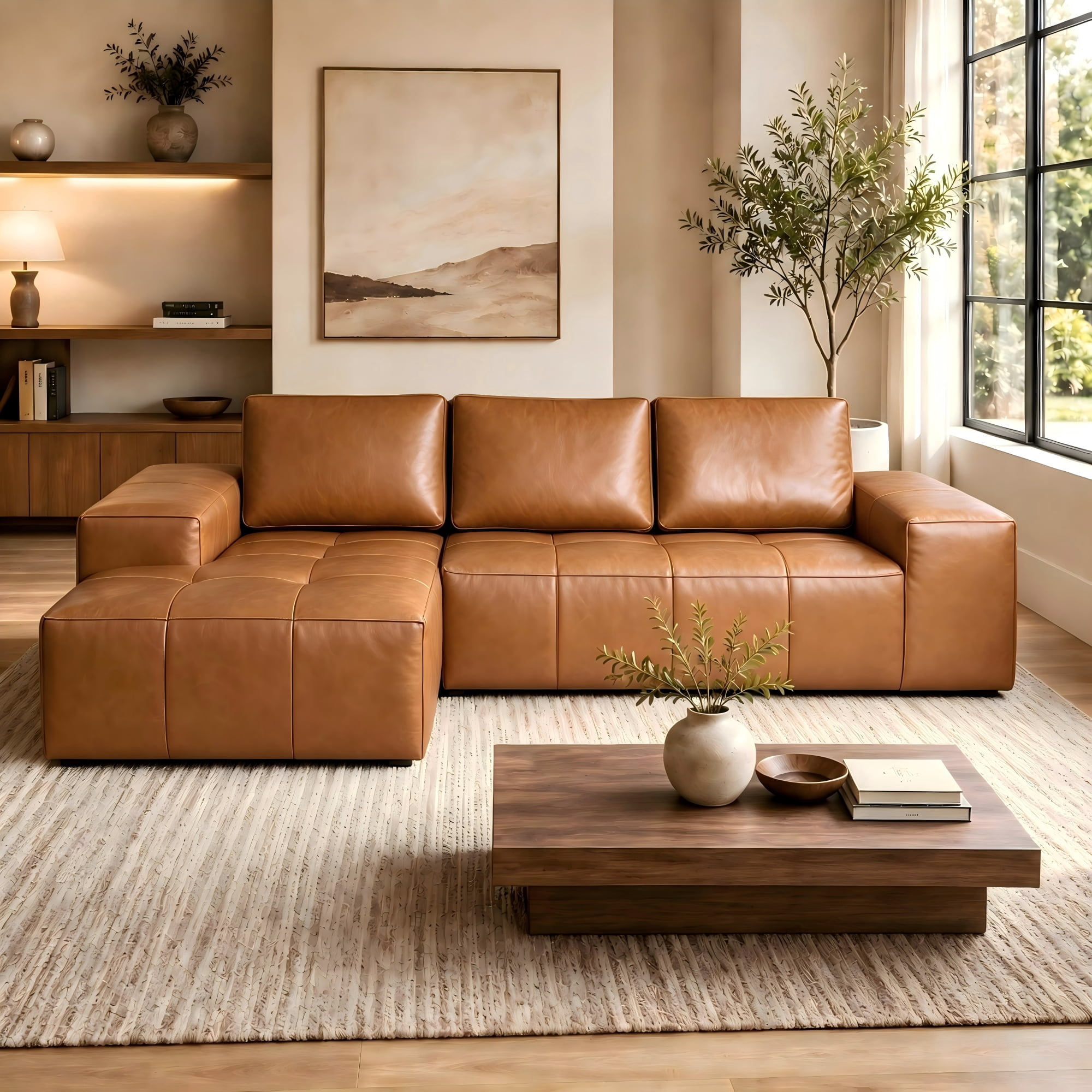 Aenkyo 114" Faux Leather L-Shaped Sectional Sofa with Left Hand Chaise, Boneless Modular Couch, Ginger
