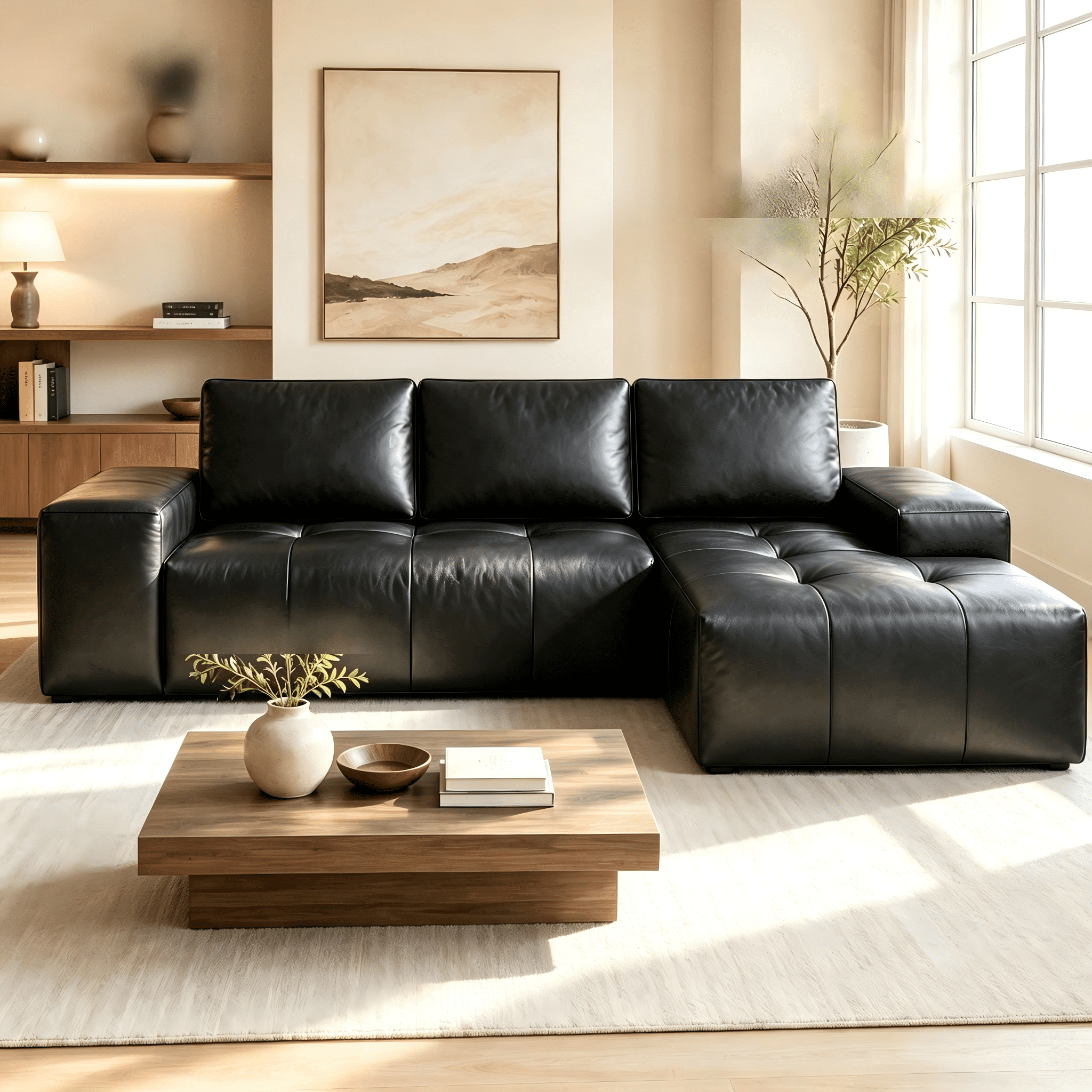 Aenkyo 114" Faux Leather L-Shaped Sectional Sofa with Right Hand Chaise, Boneless Modular Couch, Black